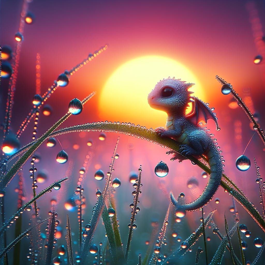 a surreal image of a miniature chibi dragon sitting on a bla...