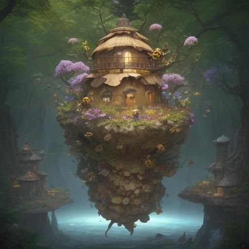 Forest Beehive with Blooming Flowers, Surrealist Matte Paint...