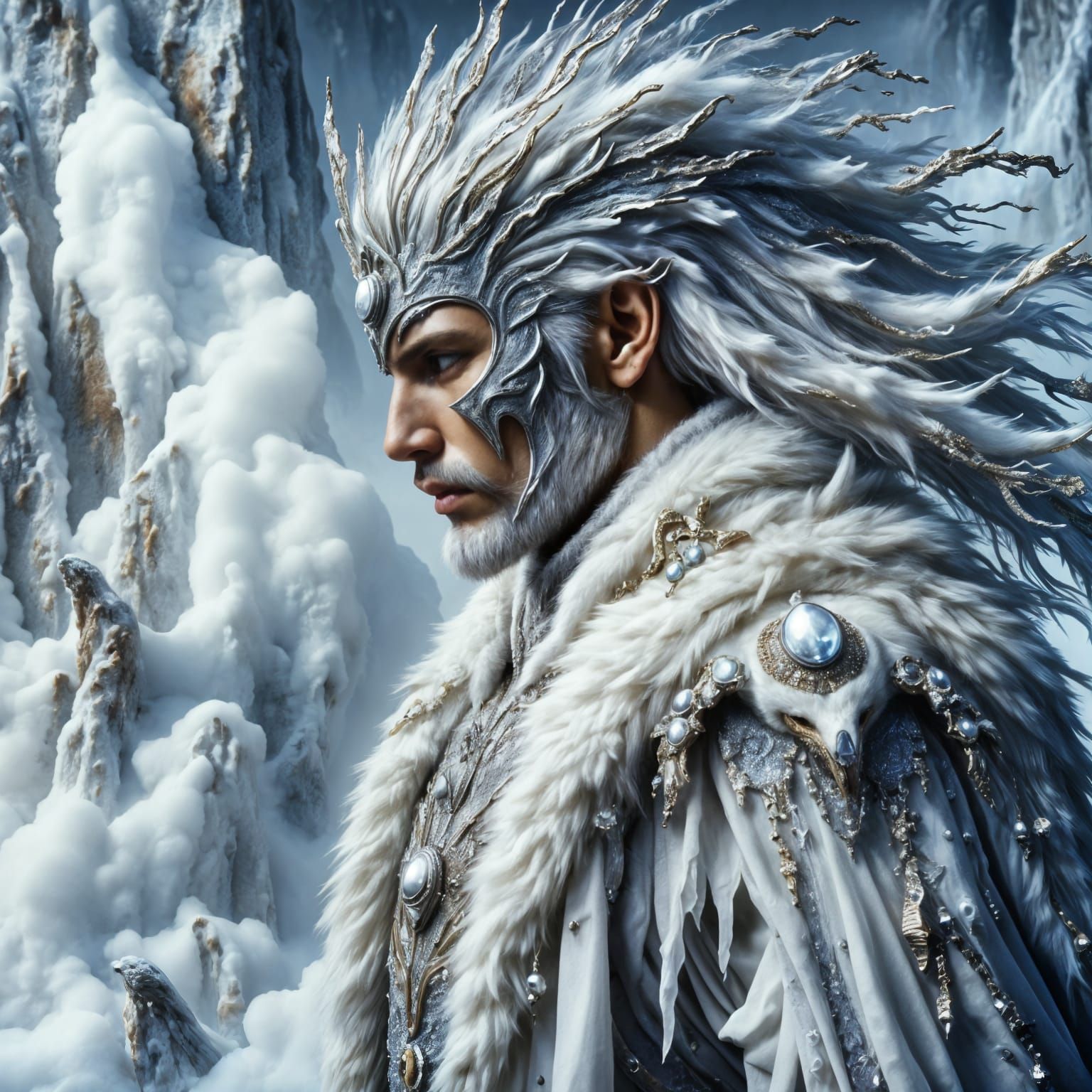 Lord Rimdren, taciturn and grim from combat along the borders, he is war chief and first protector of the realm.  He is clothed in silver and white scales and white fur and many brilliant white jewels.  He answers to the queen and no other, he loves her, but she can never know. (Ice World #7)