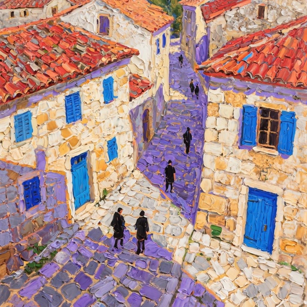 Mediterranean Village Street in Impasto Style
