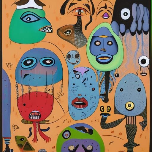 Asymmetrical Creatures, in the style of Howard Finster, color oil ...