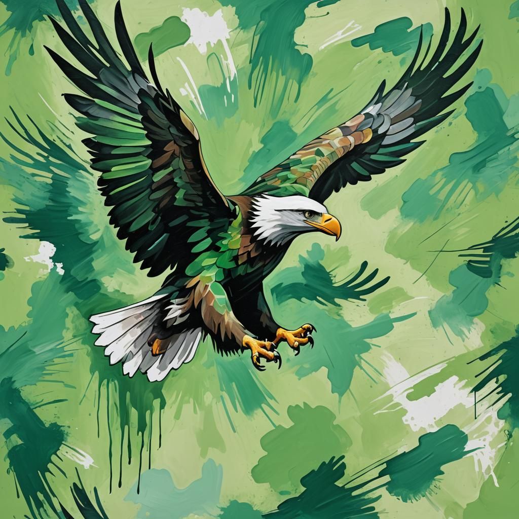 A flying eagle, the background is painted in large strokes i...