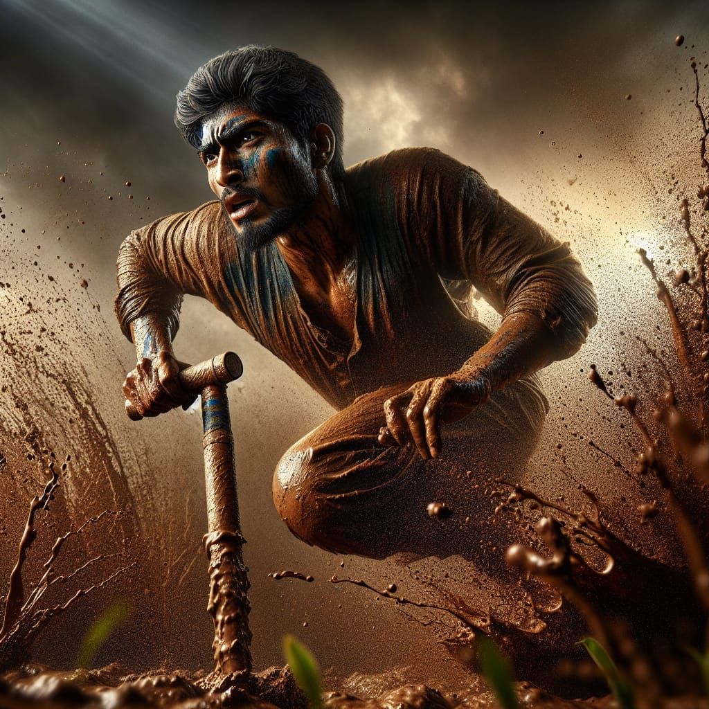 man on a pogo stick doggedly hopping across a muddy field