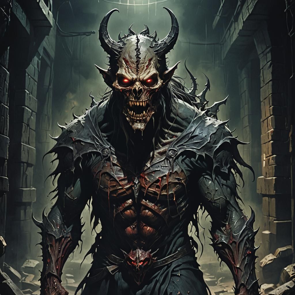 A creature of the night, demonic, evil, standing in a dark d...