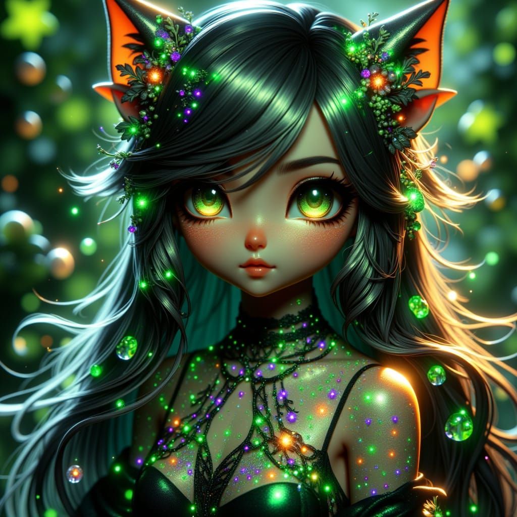 <lora:Triadic Stylecta Fx:1.0>, cat girl, anthropomorphic cat girl, lush flora, green glowing flower eyes, long hair, detailed head and shou...