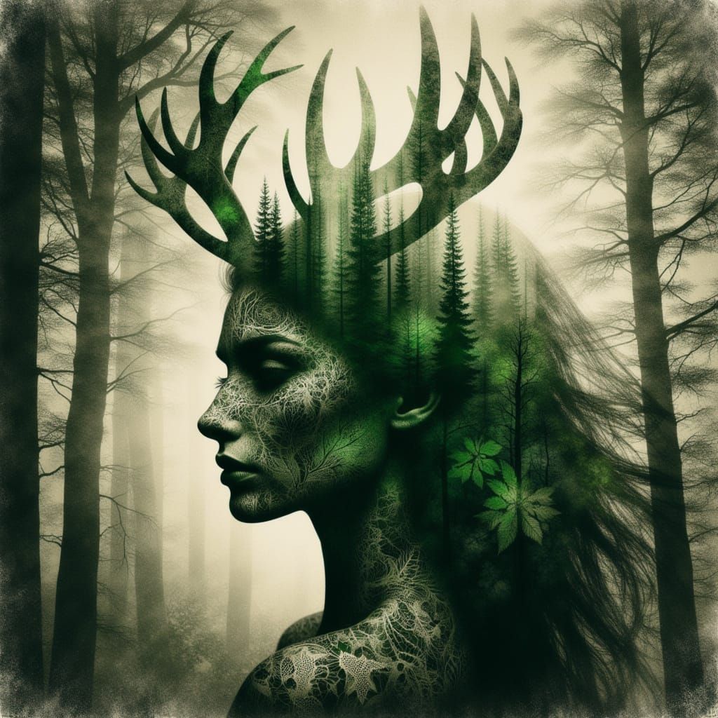 <lora:Forest Texture:1.0> Forest god with antlers  double exposure with forest texture