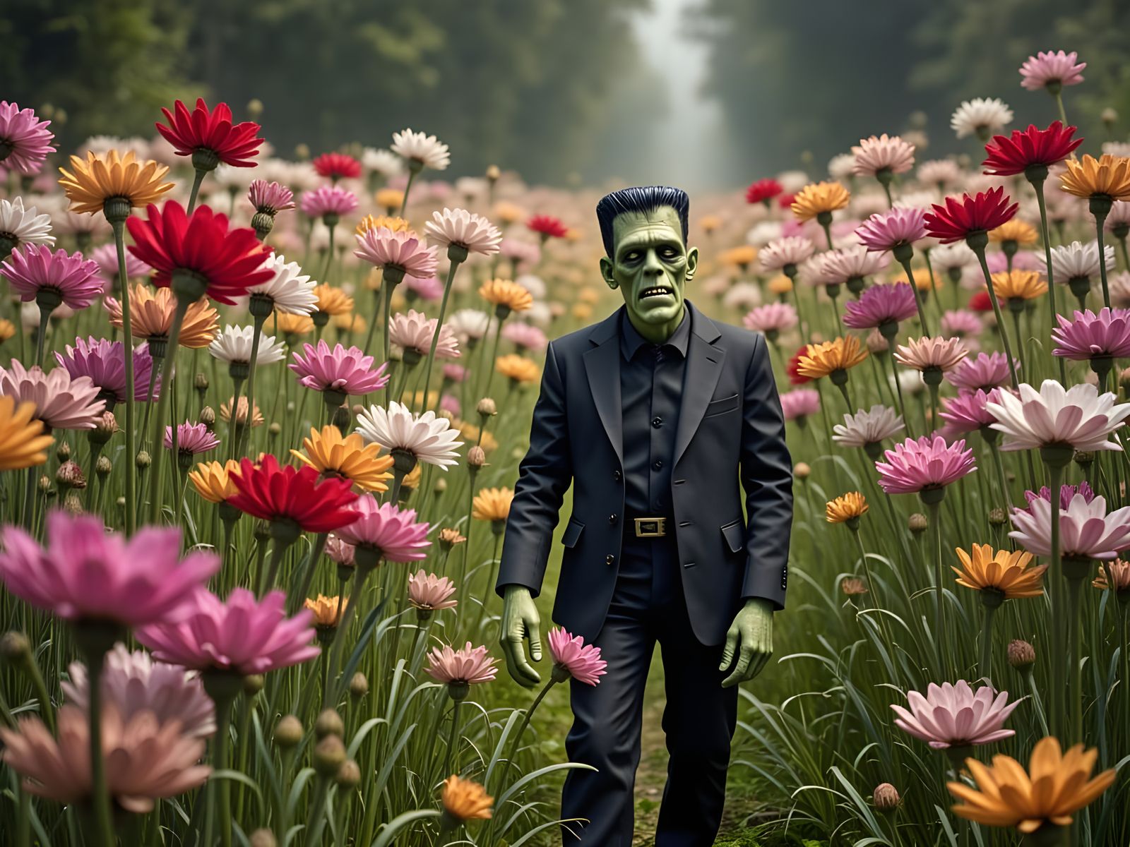 Frankenstein's monster juxtaposed in a field of pretty flowers, <lora:Twisted Fantasy:1.0> 