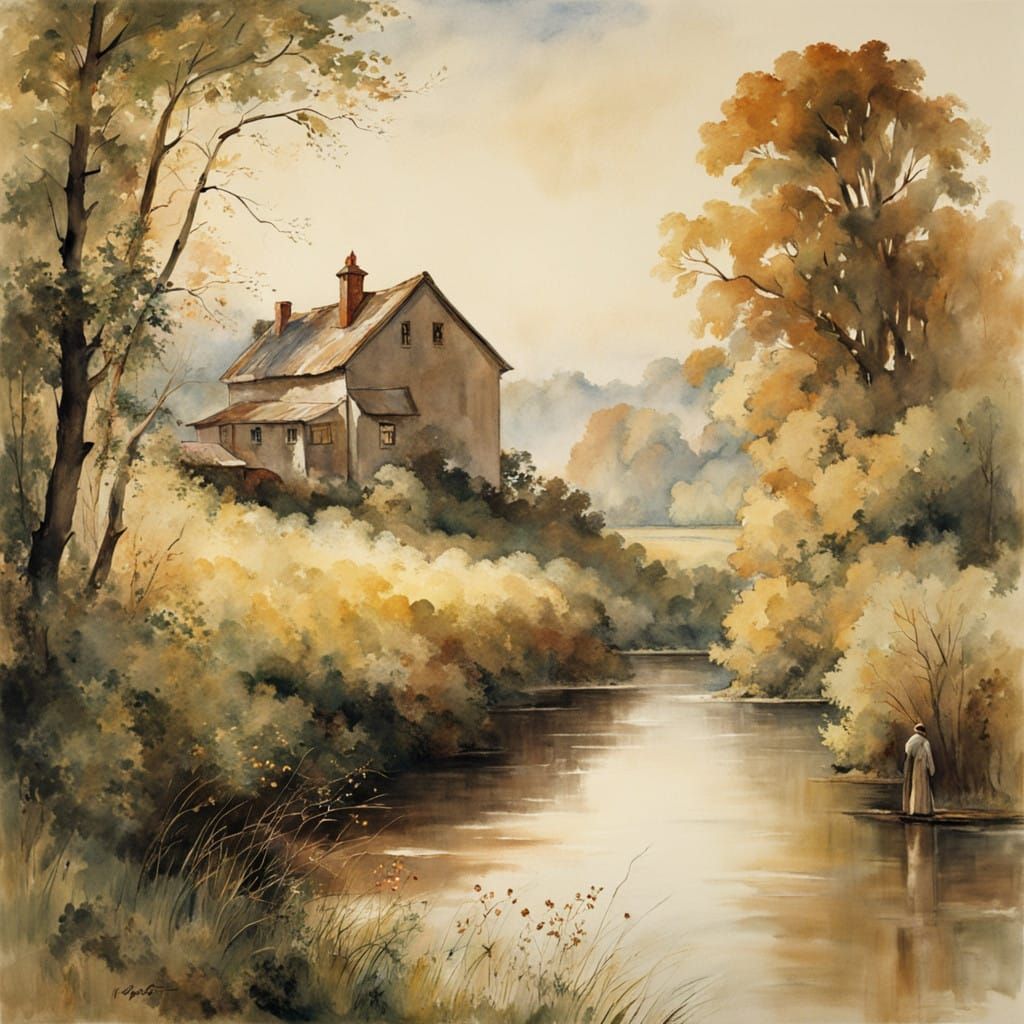 A breathtaking watercolor painting that captures the serene beauty of a tranquil riverscape at dawn  by @Ariana do Migro 