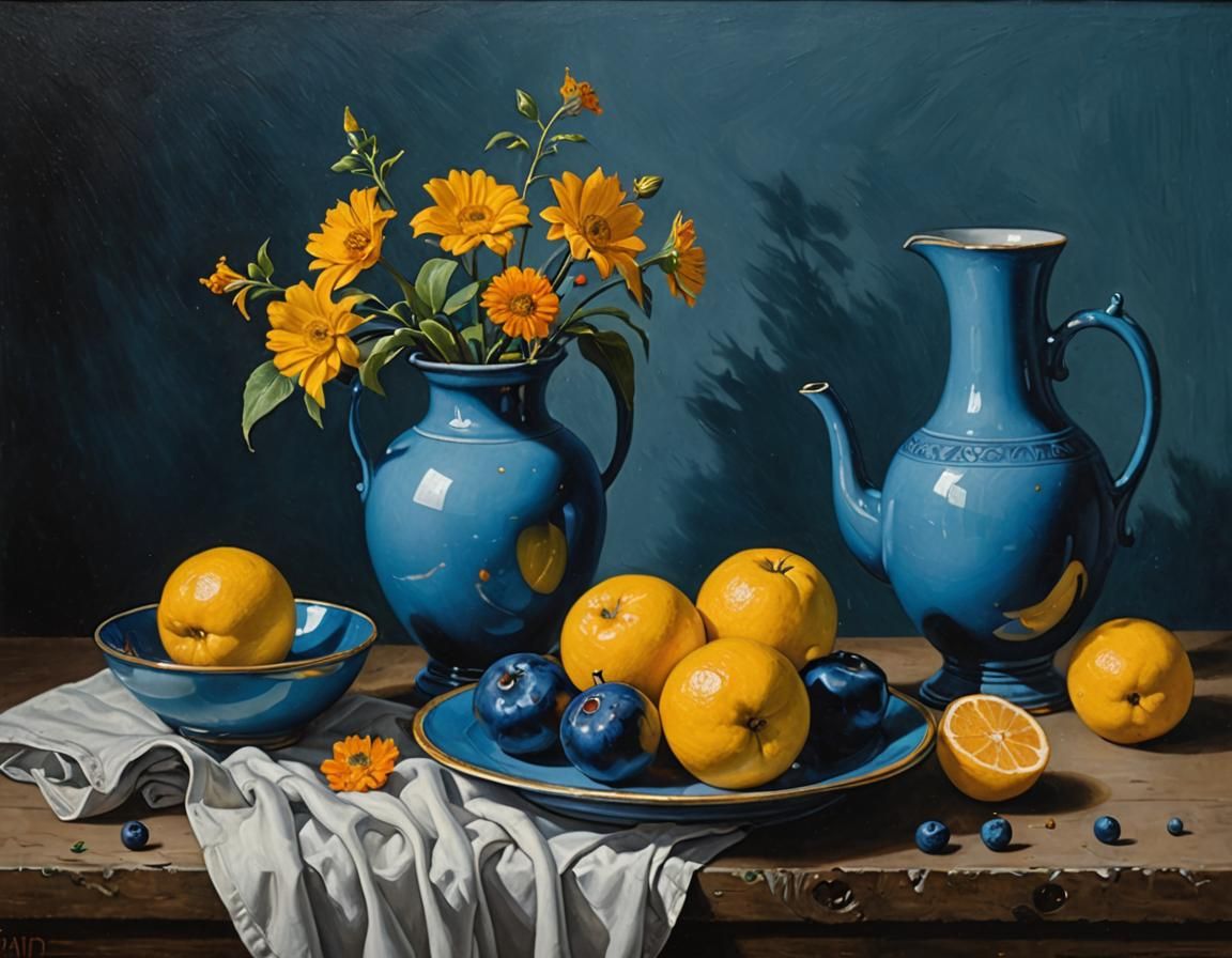 Subdued blue still life oil painting by Luis Meléndez