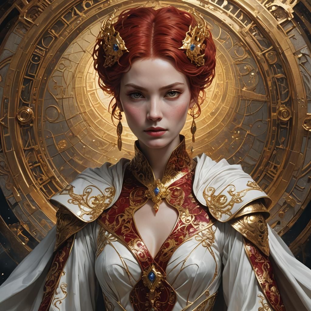 a sorceress of time, short crimson hair, robed in a gown tha...