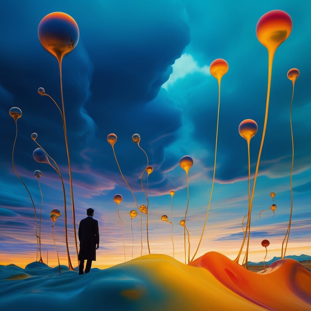 Upside down paintdrops turned into an evening surreal landscape with a figure looking into the distance. 