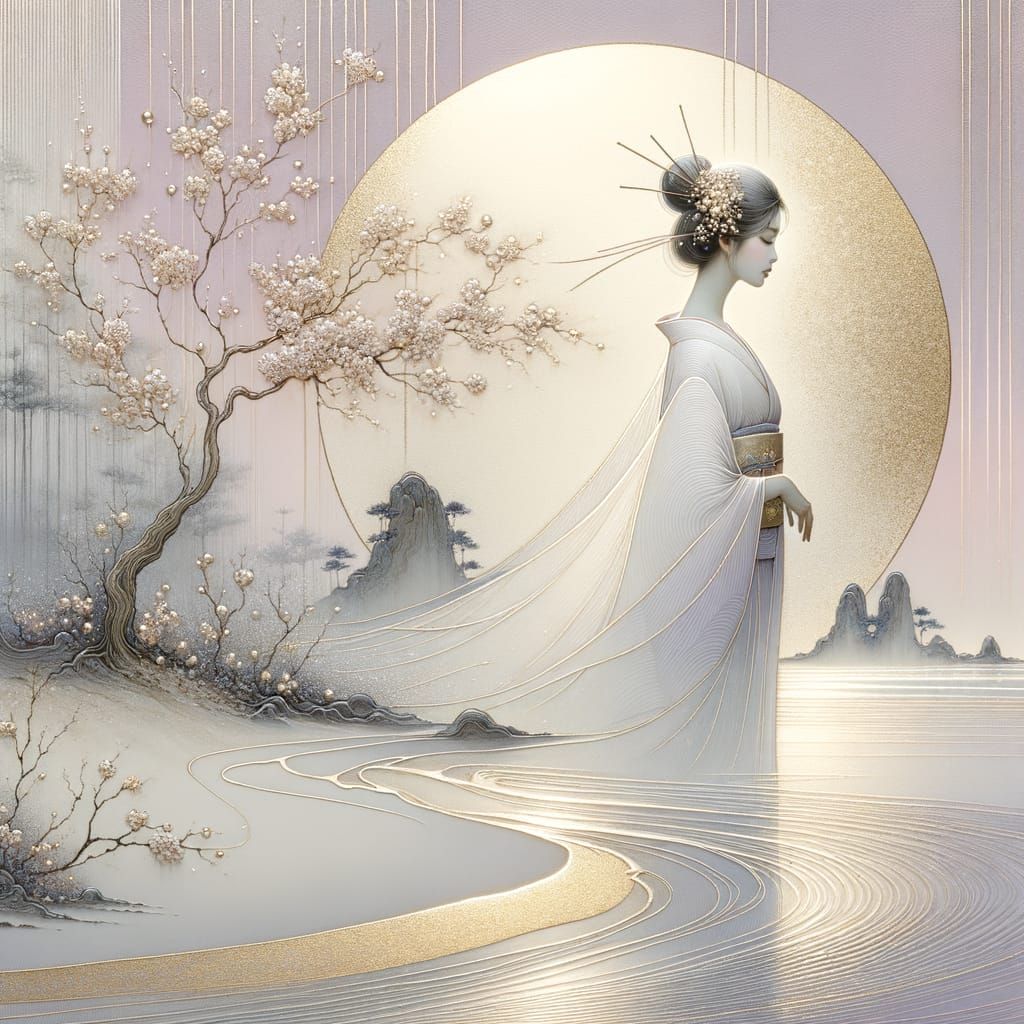 A graceful Japanese woman with soft white porcelain skin stands quietly near a secluded shoreline, her ...  by @Brady Robertson