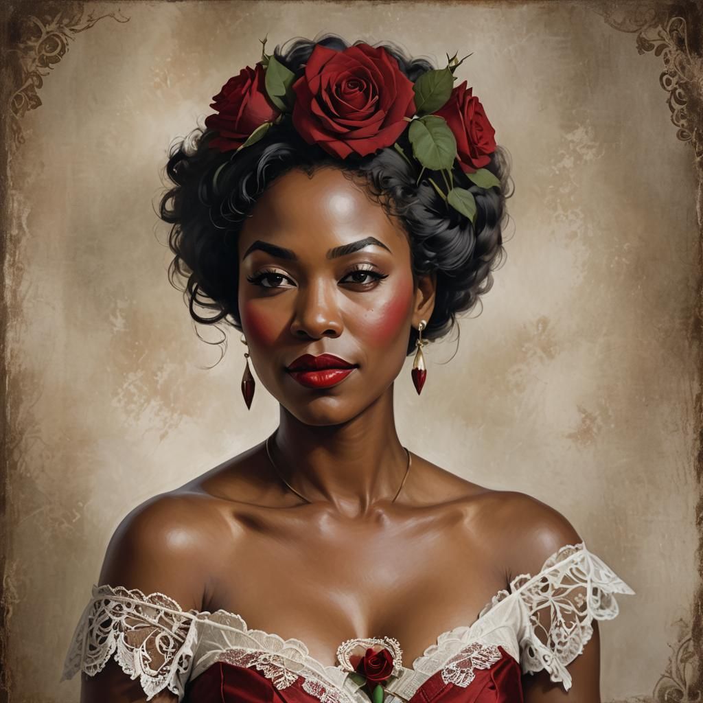 A captivating portrait of a big chested African American woman with short, dark hair adorned with a single ...  by @Pinhead fan