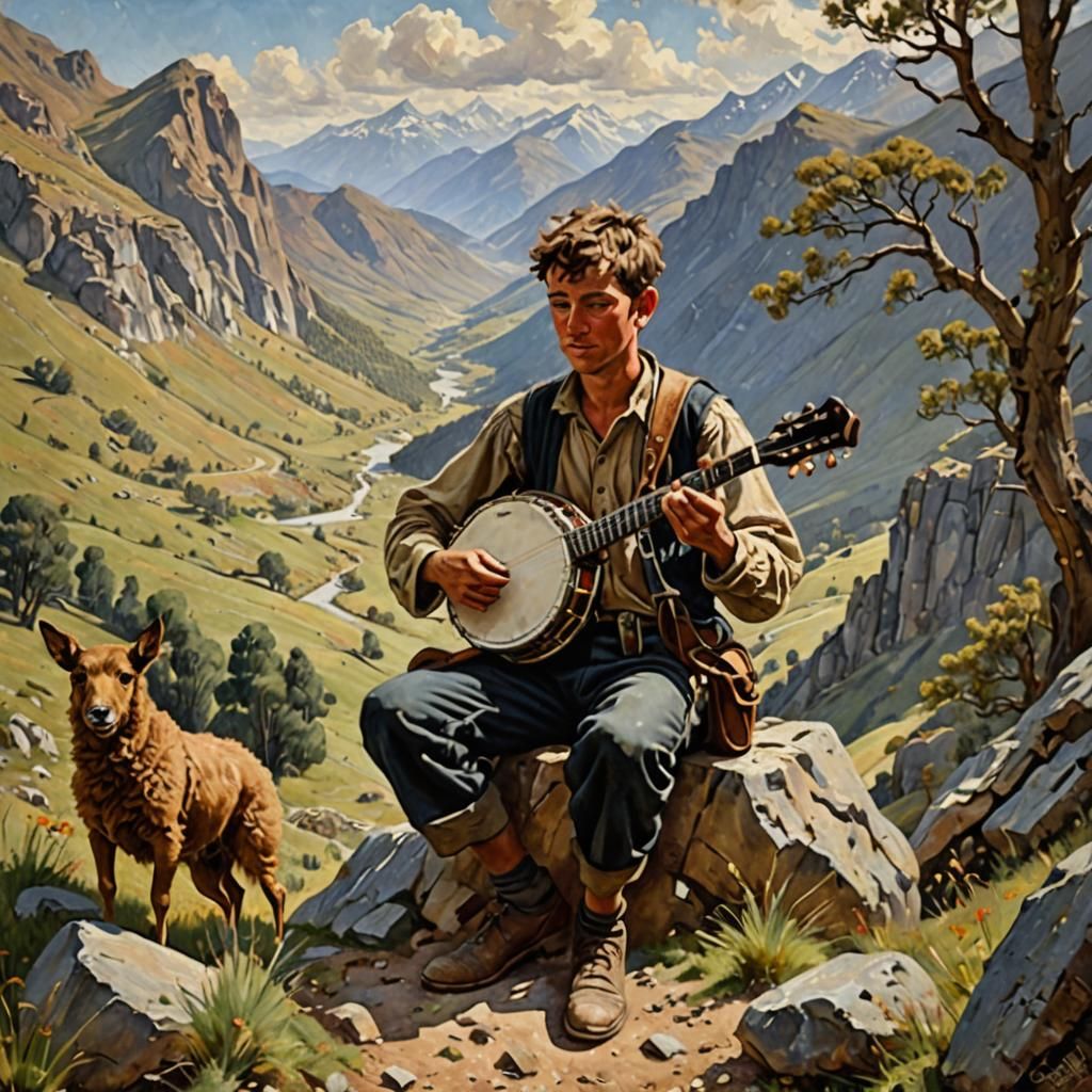 oil painting of a shepherd boy playing banjo in the mountain...
