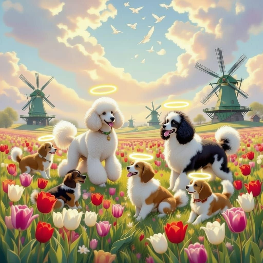 Depiction of Glorious Animal Afterlife Featuring Haloed Canines