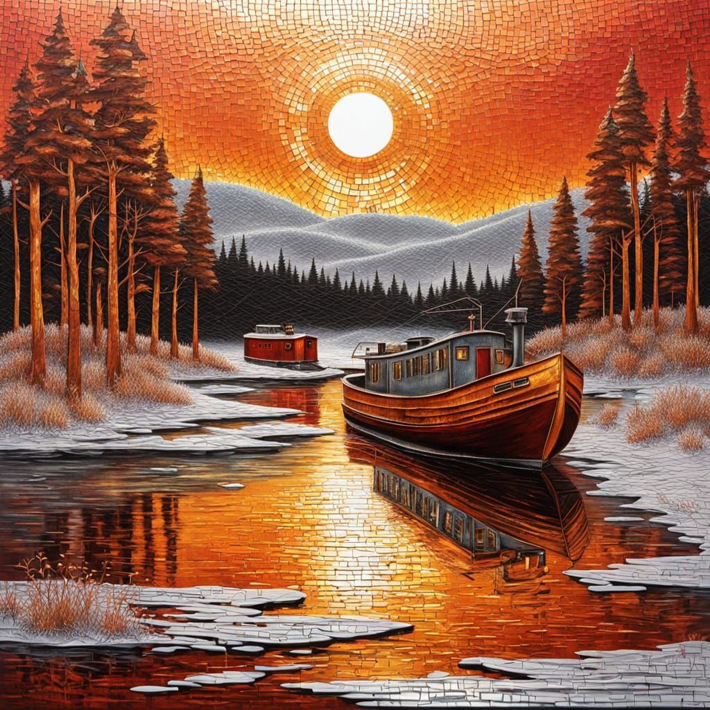 יצירת אמנות דרמטית בסגנון תבליט מתכת צבעוני ומלא ברקמה. אגם יער שליו בזריחה עם רכבת חלודה  נוסעת על על חוף האגם, שלג ראשון יורד, יער חורפי נ...