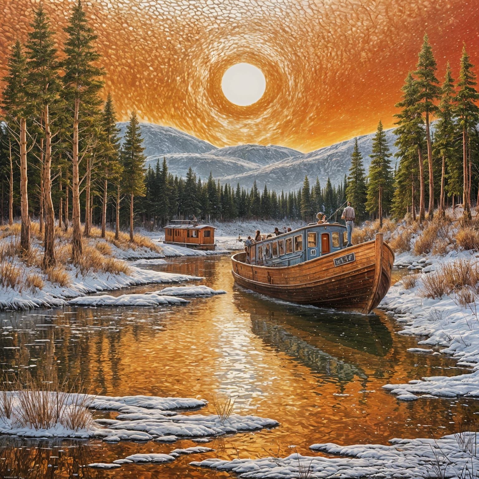 Dramatic Metal Relief Art: Sunrise Forest Lake with Train