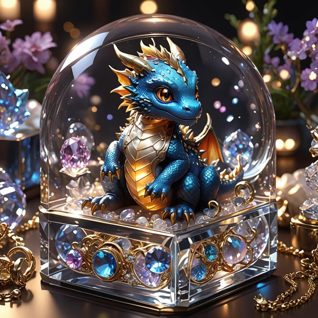 A cute miniature baby dragon sitting in a glass jewelry box ...