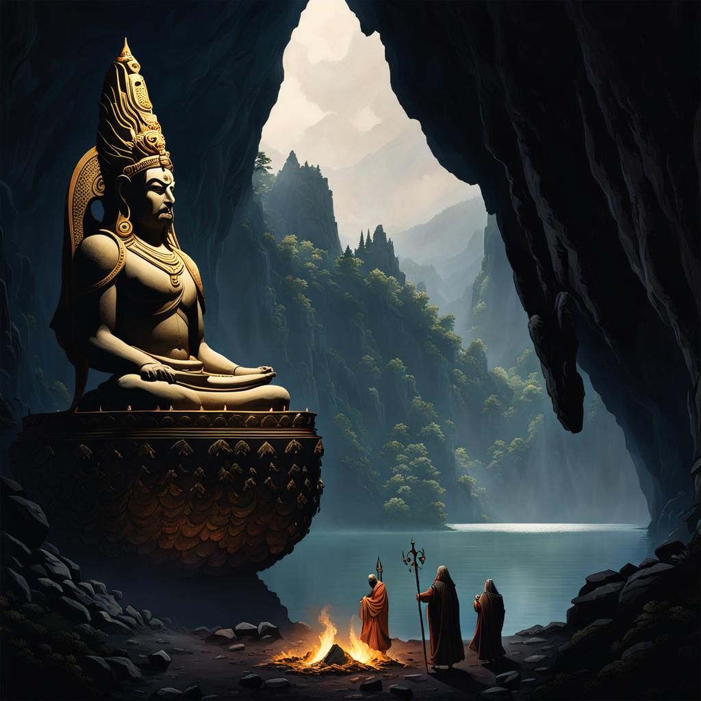 A giant God is watching the alms coming from Lake Stigian.
