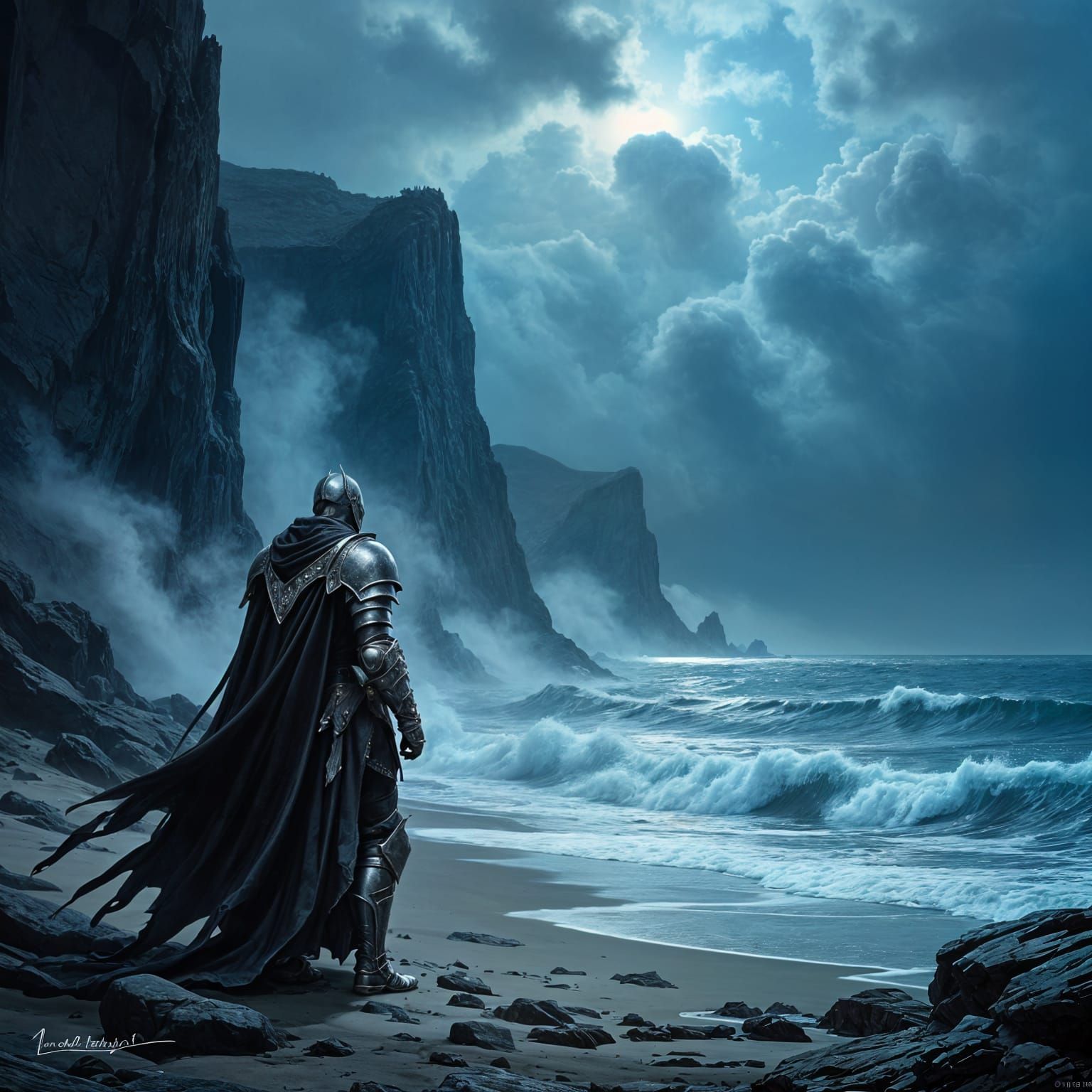 Dark fantasy concept art. A lone knight in ornate, weathered armor stands on a desolate, rocky shore, gazing out at a turbulent, dark sea. W...