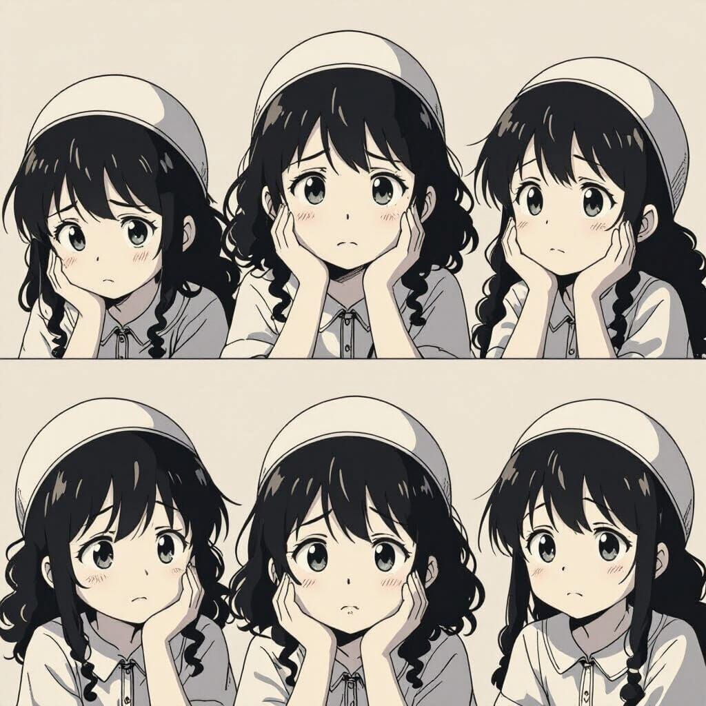 Minimalist Line Drawing of Worried Children in Anime Style