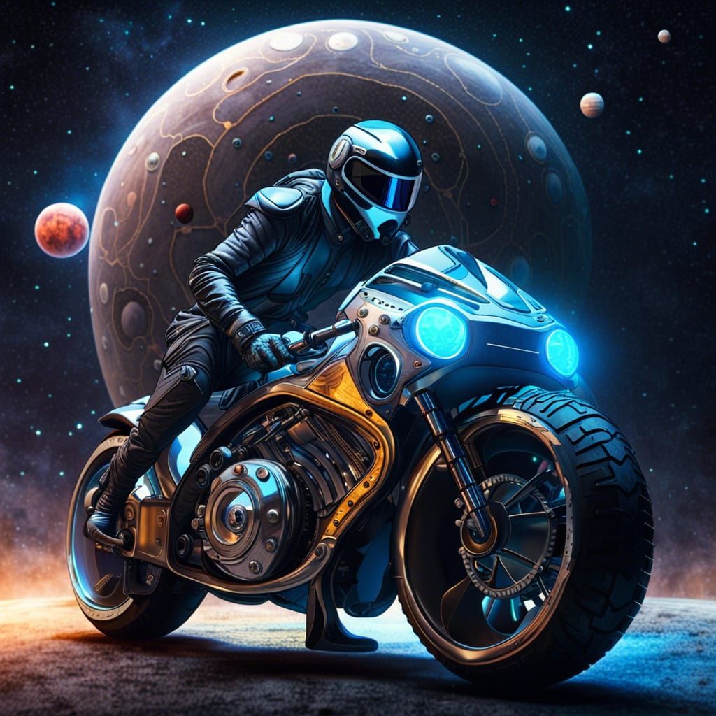 sicodelic-sci-fi motorcycle, stars and planets background, wide angle, professional photography, hiperdetallada, ...  by @Lancero40
