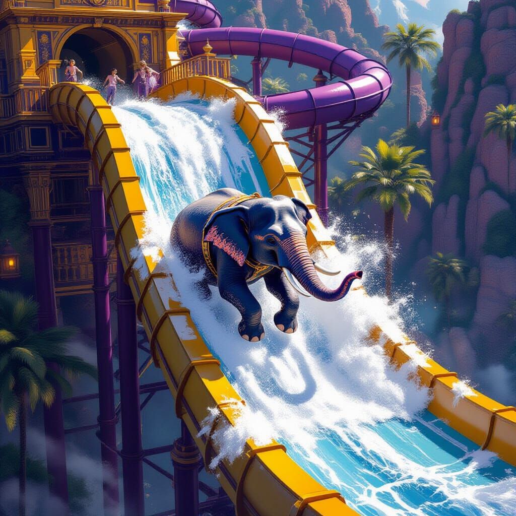 Elephant Soaring on Waterslide: Dark Fantasy Concept Art