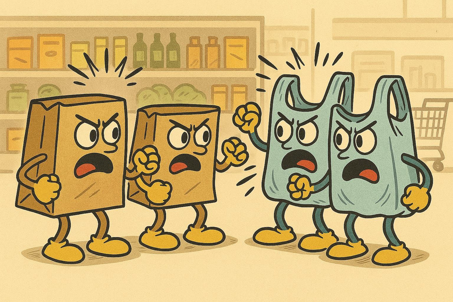 "No, YOU'RE carrying groceries wrong!" plastic vs. paper que...