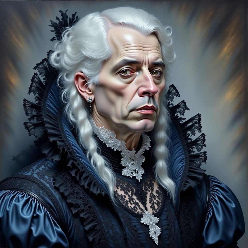 <lora:Rufflelace Intensity:1.0> Watercolor Oldschool glossy oil painting portrait of a beautiful  old woman with long white hair, Renaissanc...