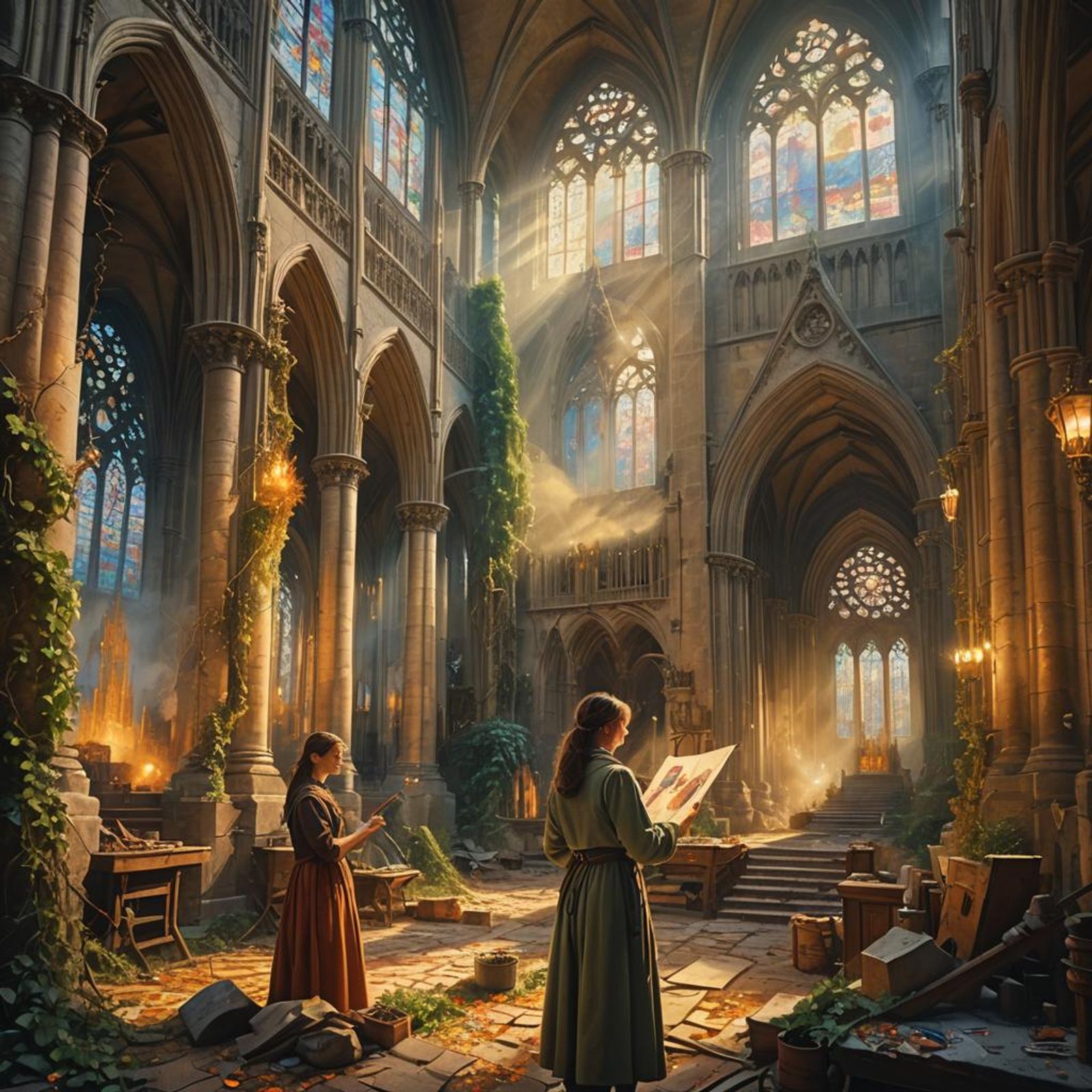 Female painter in large cathedral on canvas,background