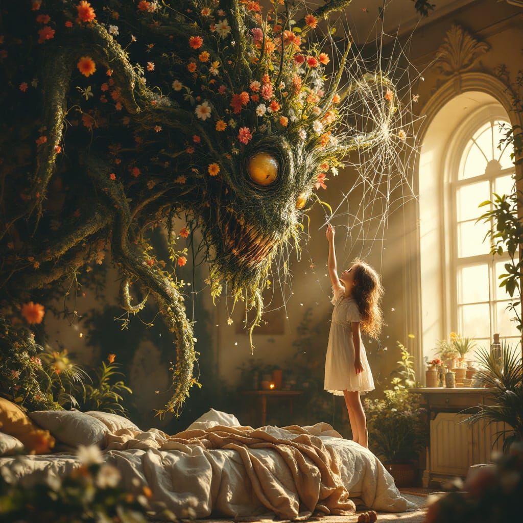  A photorealistic, 8k resolution masterpiece depicting a colossal elemental creature, composed entirely of twisting vines and vibrant Sunkis...