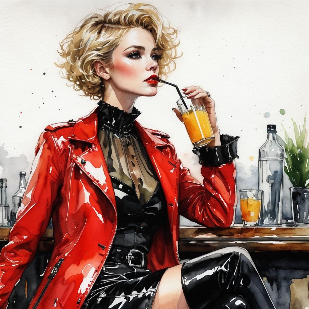 A stunning blonde woman, short hair, a bit wavy with a brigh...