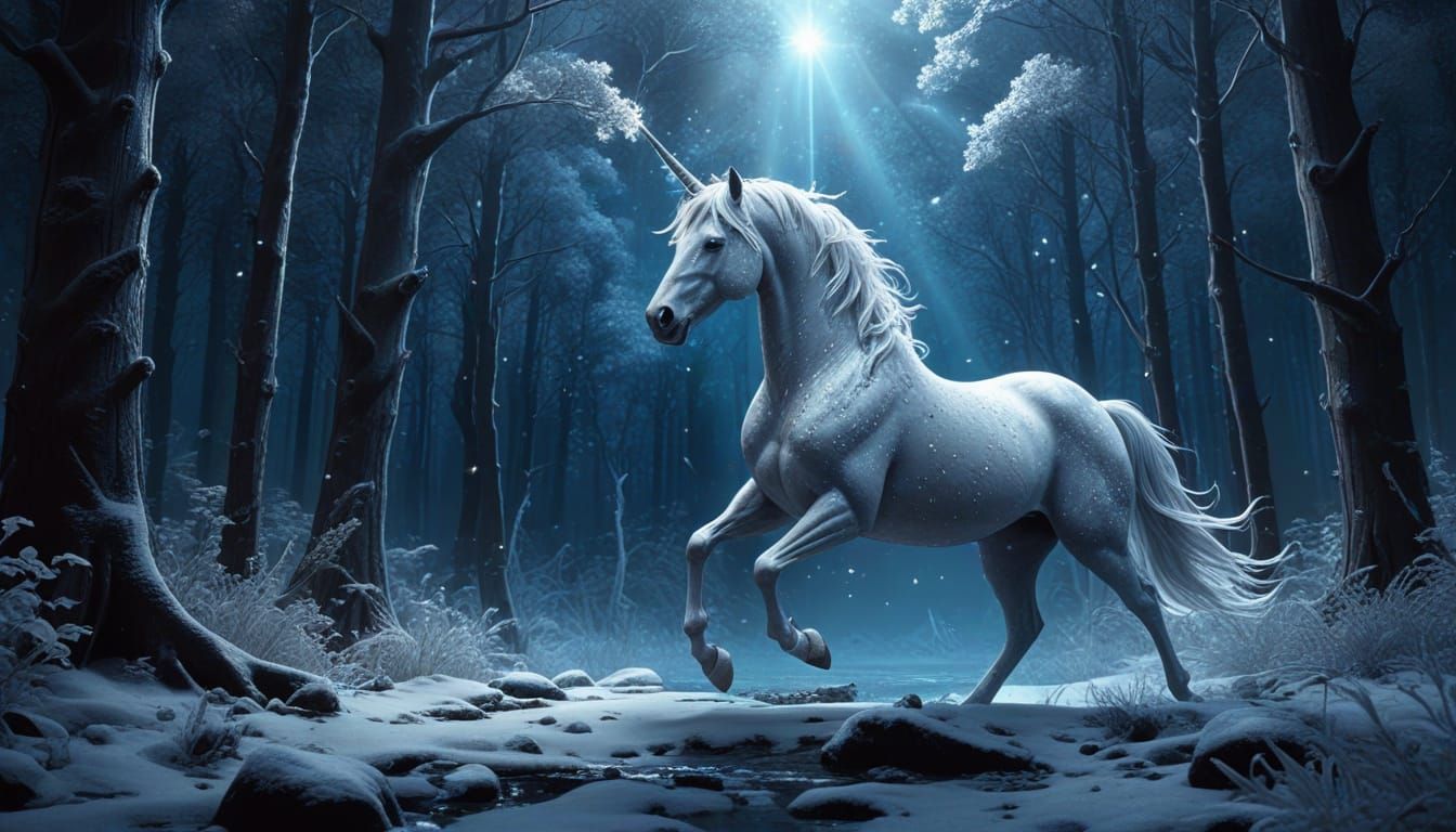 The Frozen Unicorn Forest
A radiant unicorn charges through an icy woodland beneath a silver-blue aurora. Frozen statues of woodland spirits...