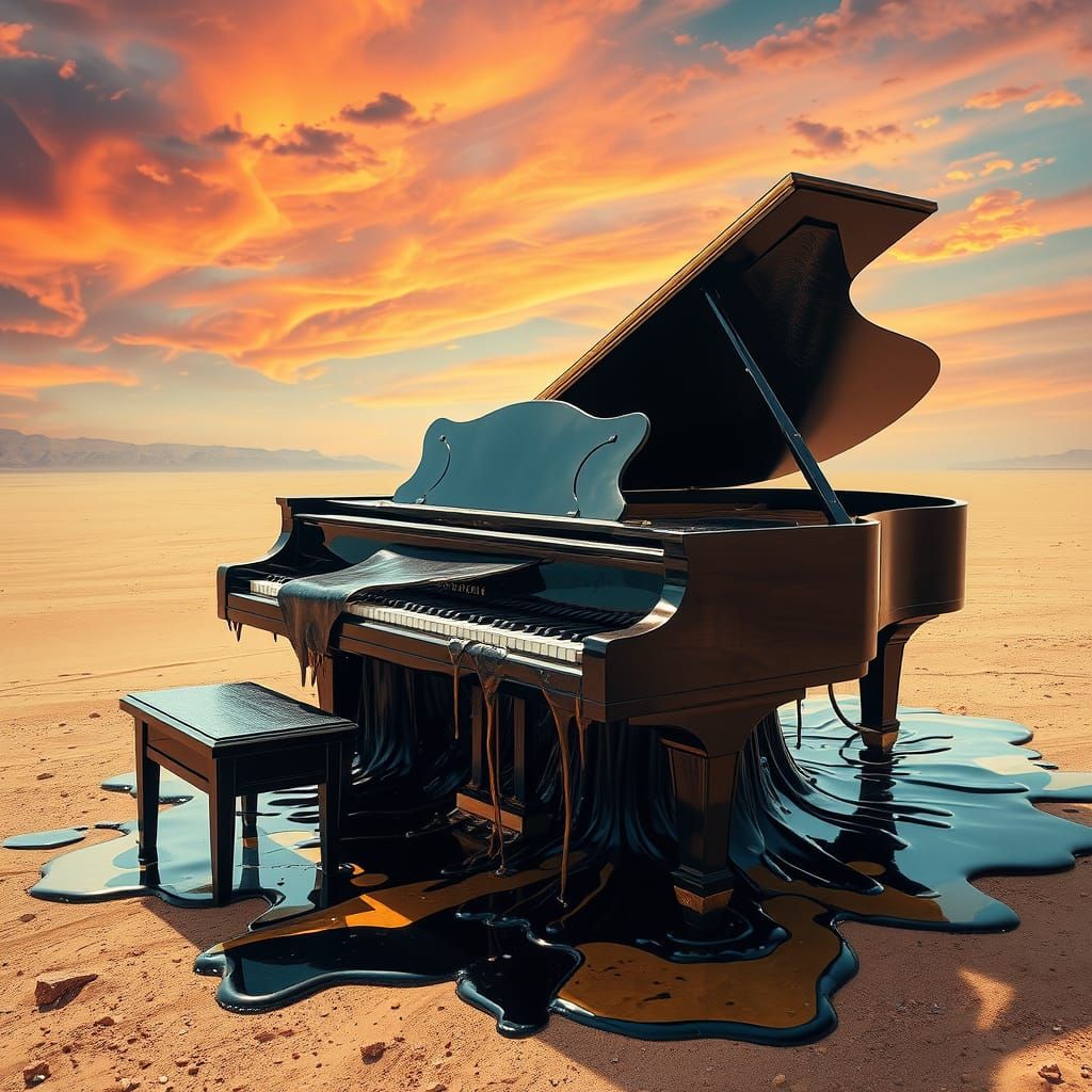 A melting grand piano in a desert at high noon, its ebony keys warping into liquid obsidian streaks over ...  by @Rod Zombie