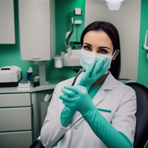 Woman dentist wearing green mask and gloves