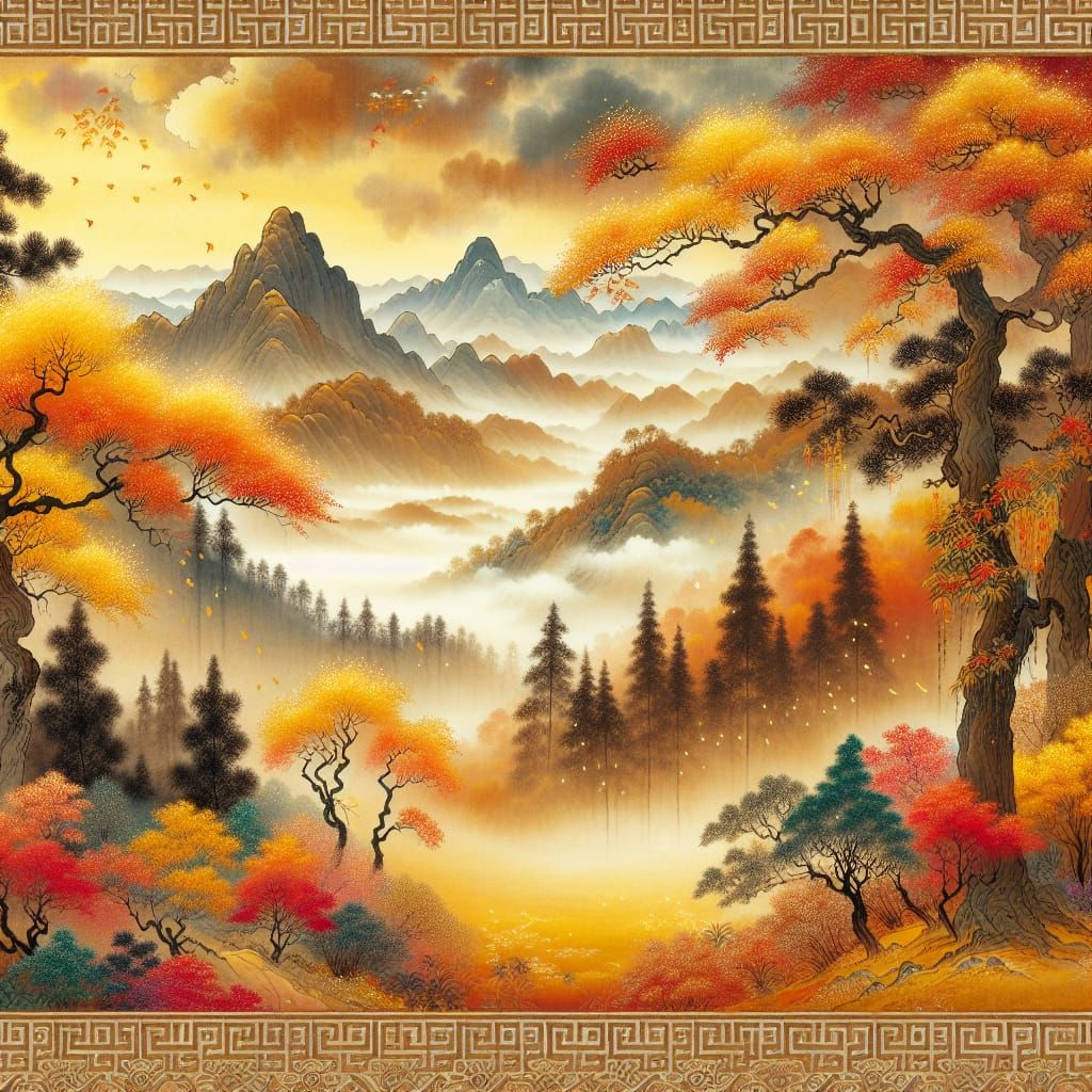 Autumn Trees with Golden Leaves, and Mountain Range