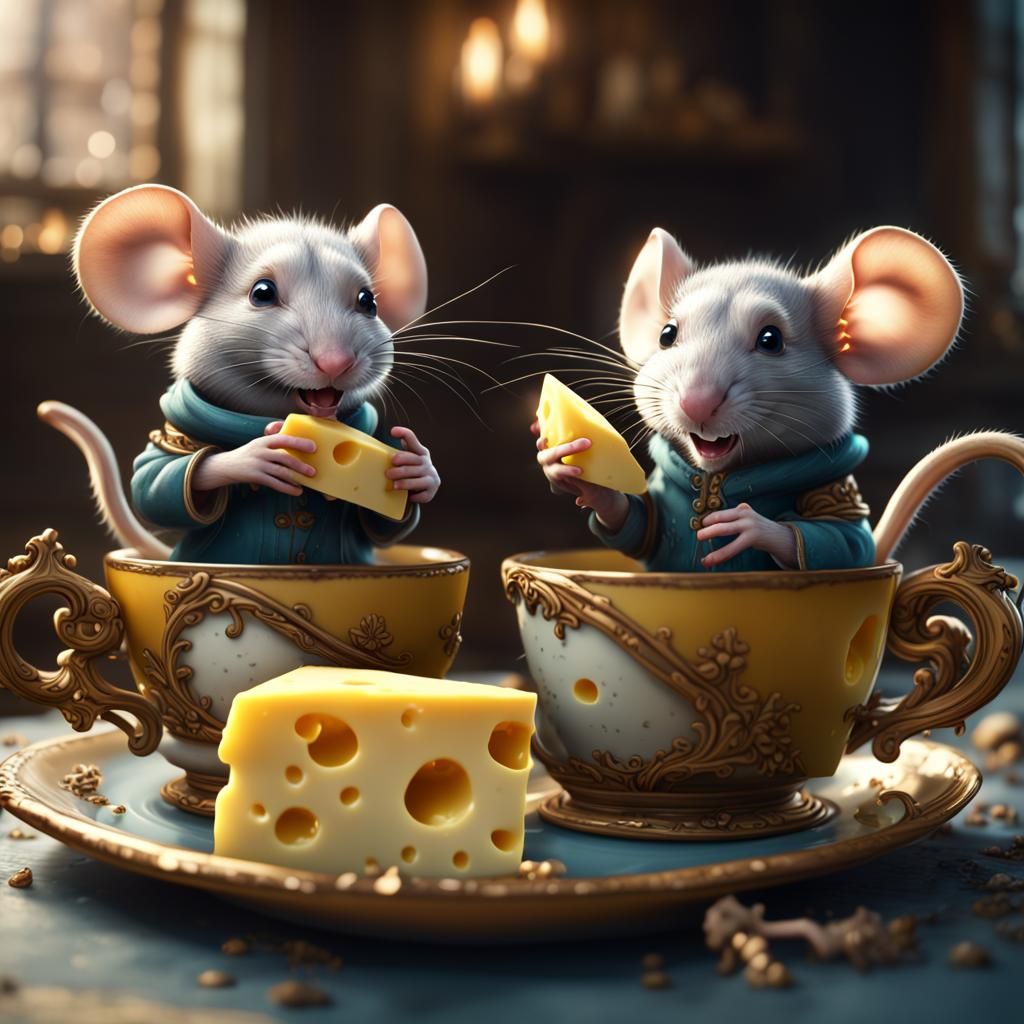 Mice eating cheese in teacups  by @Jamie Sparks