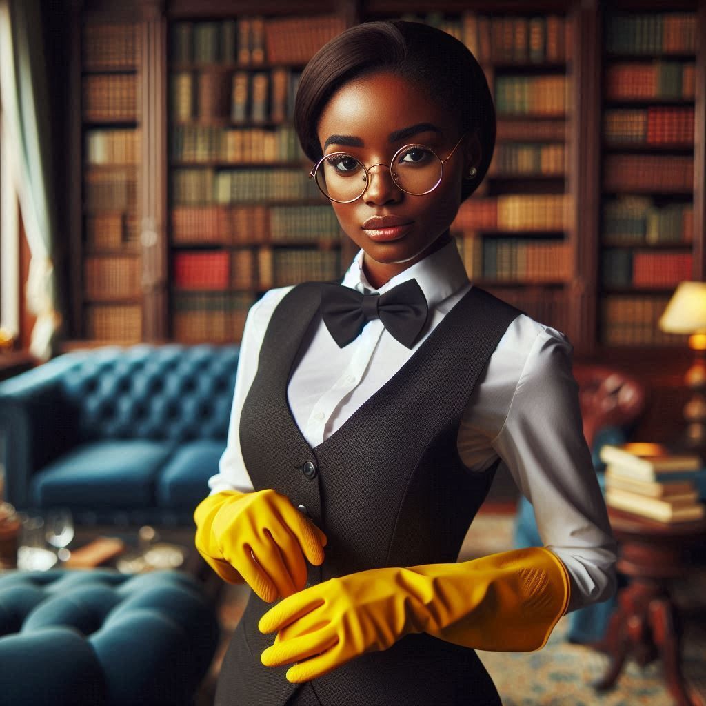 A female Nigerian butler in the library of a posh Egyptian m...