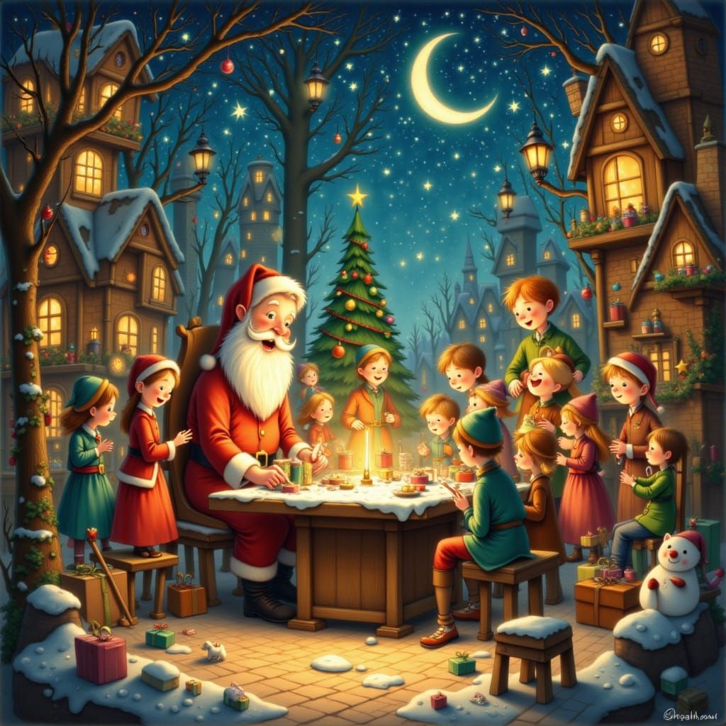 <lora:Storybook Christmas:1.0> Santa’s workshop bustling with elves wrapping toys