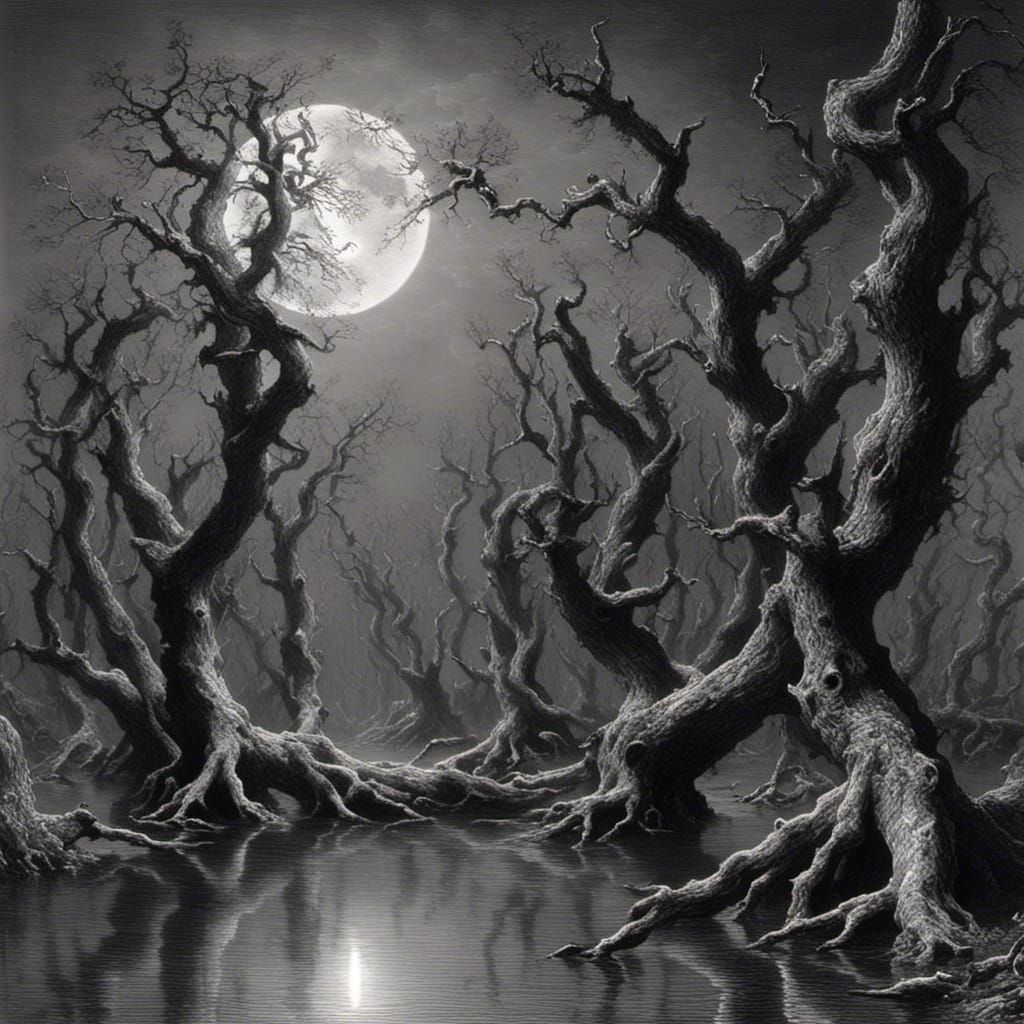 dead trees trunks in dancing, sinuous shapes in a moonlit woodland by a ...