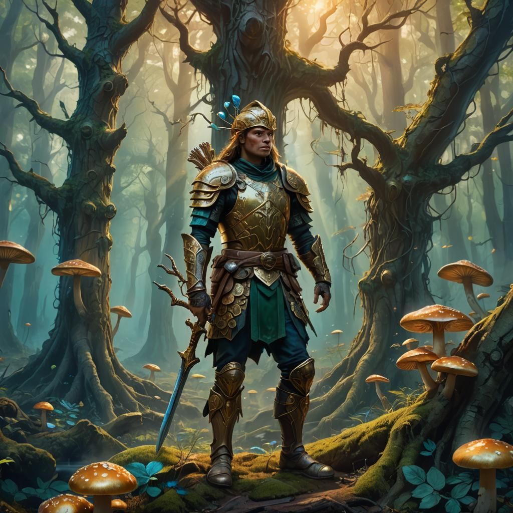 Warrior in Mystical Forest: Triadic Oil Painting