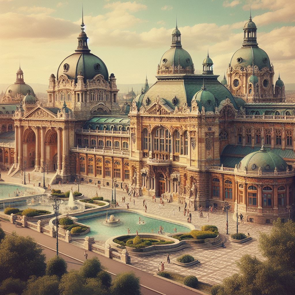Neo-Baroque entrance to the historic Széchenyi Baths in Budapest, Hungary