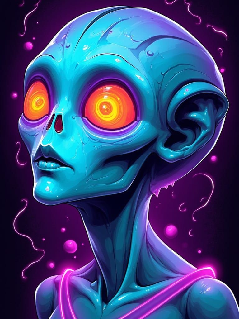 <lora:Bold lines:1.0> Alien head with hypnotic eyes, glowing skin, mystic fell to it, in new school tattoo style, with bold lines, vibrant c...