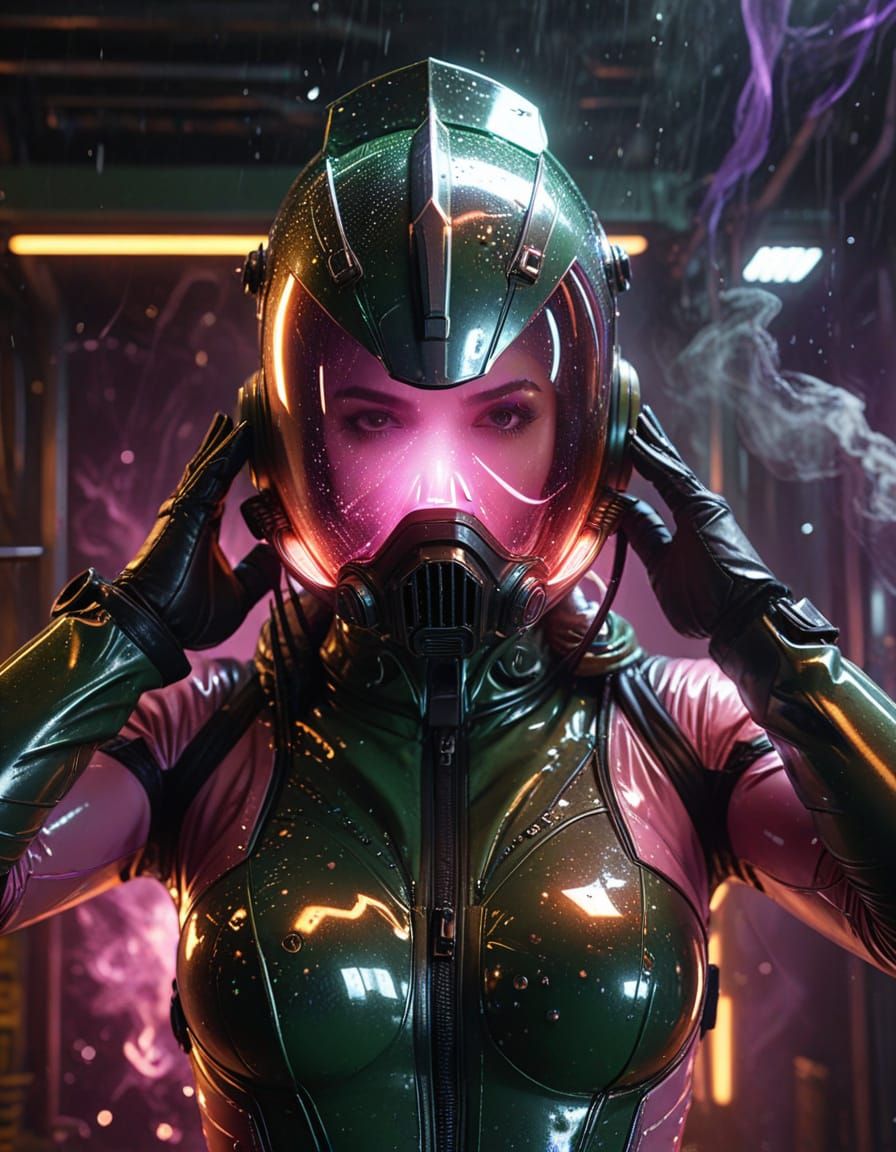 Glossy Retro Futuristic Woman in Hazmat Attire