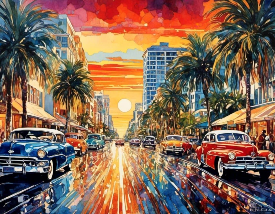 Travel Poster of Miami street scene at sunset<lora:Boho Psyc...