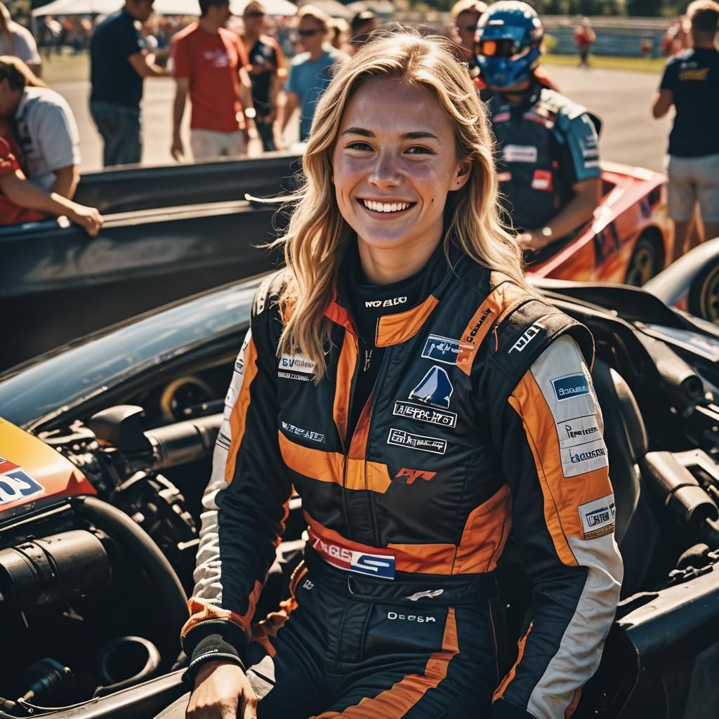 A Norwegian female stock car racer sits confidently in her v...