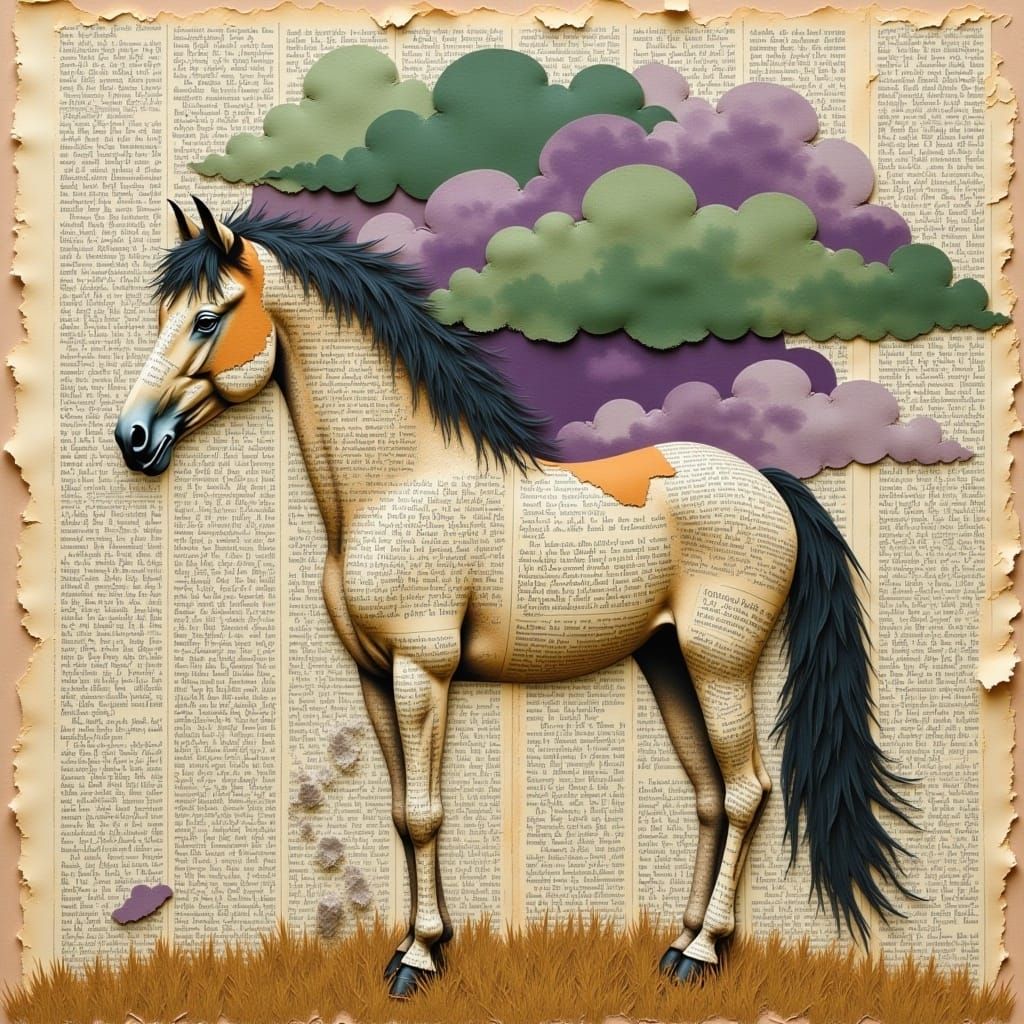 <lora:Mixed Media blending:1.0>An illustration of an adorable and shiny wild horse is made entirely of blended vintage newspaper texture wit...