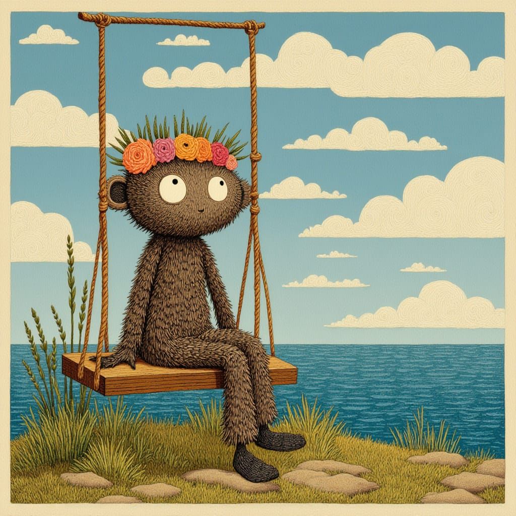 <lora:The Folkdream Set:1.0> a furry and fuzzy creature sitting on a swing overlooking the ocean; whimsical folk art; dreamlike illustratio...