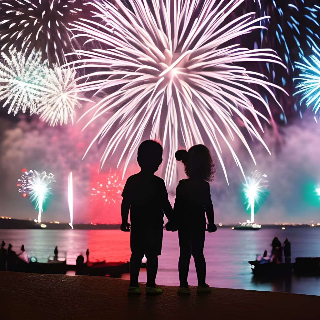 Young brother and sister watching the fireworks (v4)