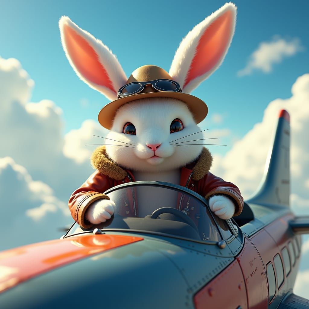 White Bunny piloting airplane
